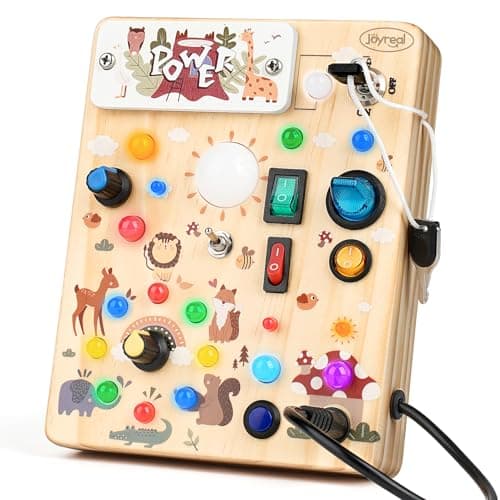 Joyreal Wooden Busy Board with LED Lights, Montessori Sensory Toys for Toddlers, Activity Fidget Board Travel Toys for Fine Motor Skills & Learning, Gifts for 1-3 Year Old Boys & Girls (Forest Theme) - Image 1