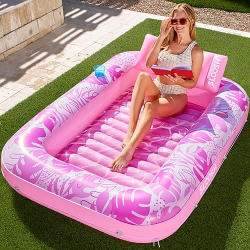 SLOOSH Inflatable Tanning Pool Lounger Float, 70" x 46" Pool Floats Adult with Pillow, 4 in 1 Suntan Tub Raft Floatie,Sunbathing Bed Lounge for Water Blow Up Kids Ball Pit Party Gifts, L-Hot Pink - Image 1