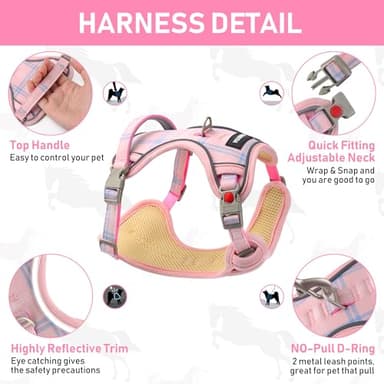 GAMUDA Dog Harness Collar and Leash Set, Dog Harness, No Chock No Pull Adjustable Vest Harnesses Plaid Reflective for Medium Dog, Cat, Small Horse, Small Bull and Pig (Pink, XL) - Image 2