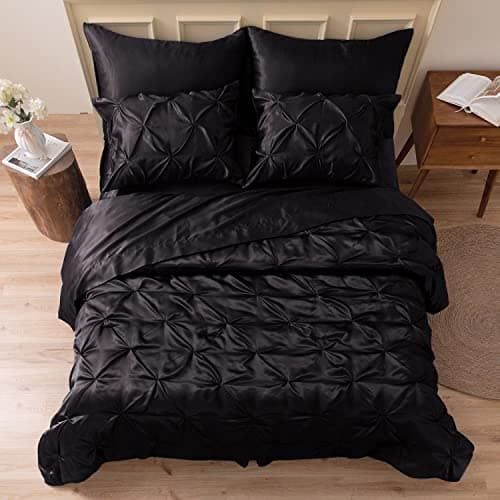 MR&HM Satin Comforter Queen 7 Pieces - Luxurious Pinch Pleat Bedding Set with Comforter, Flat Sheet, Fitted Sheet, Pillowcases & Shams, Super Silky Soft Bed Set for All Season (Queen, Black) - Image 1