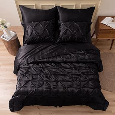 MR&HM Satin Comforter Queen 7 Pieces - Luxurious Pinch Pleat Bedding Set with Comforter, Flat Sheet, Fitted Sheet, Pillowcases & Shams, Super Silky Soft Bed Set for All Season (Queen, Black) - Image 1