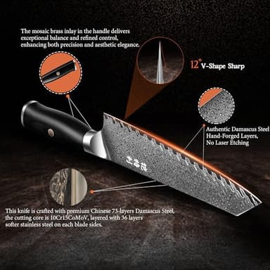 Damascus kiritsuke Chef`s Knife 8.5", 73 Layers of Damascus Steel with 10Cr15CoMoV HC Steel Cutting Core, Premier Kitchen Gadget w/t Gift Box - Image 6