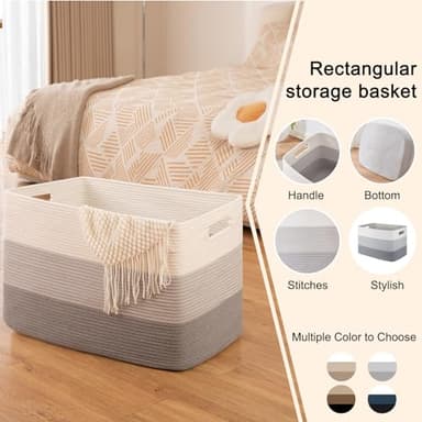 OIAHOMY 108L Super Large Blanket Basket, 25”x16”x16”(108L) Rectangle Woven Baskets for Storage, Cotton Rope Basket For Living Room, Toy Storage with Handle - Gradient Grey - Image 4