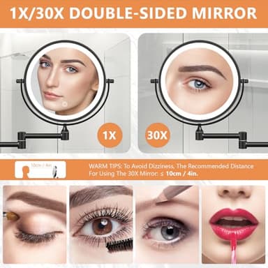 Auxmir 1X/30X Wall Mounted Makeup Mirror with Light, 8" Rechargeable Double-Sided Magnifying Mirror, Vanity Mirror Dimmable 3 Color Light, 360° Extension Rotation Foldable 14.5 Inch Arm, Black - Image 2