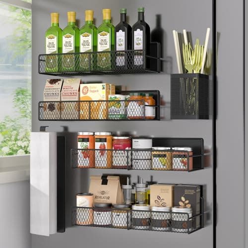 Magnetic Spice Rack for Refrigerator, 6 Pack 100% Metal Strong Magnet Shelf Black, Space Saving Spice Organizer, Home Kitchen Laundry Room Storage Organization W/ Paper Towel Holder, Utensils Racks - Image 1