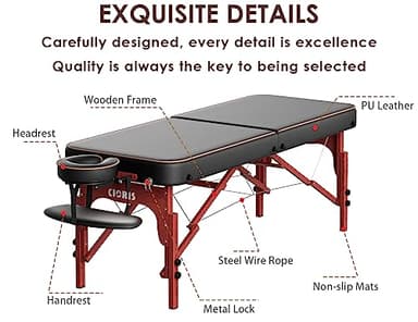 CLORIS 84" Professional Massage Table Portable Reinforced Wooden Leg Hold Up to 1100LBS 2 Folding Lightweight Spa Salon Tattoo Massage Bed Height Adjustable with Carrying Bag - Black - Image 5