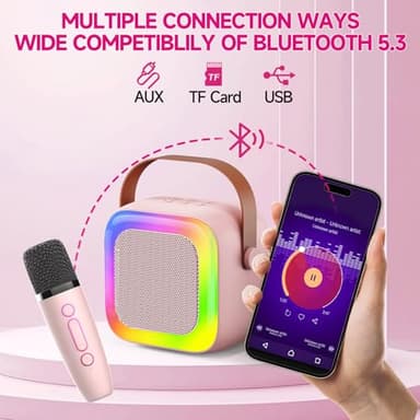 Mini Karaoke Machine for Kids Teen Adults, Kids Karaoke Machine with 2 Wireless Microphones and LED Lights Toys for Christmas Birthday Party, Home, Gifts for 4 5 6 7 8 9 10 11 12+ Years Girls Boys - Image 5
