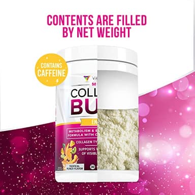 Multi Collagen Burn: MultiType Hydrolyzed Protein Peptides with Hyaluronic Acid, Vitamin C, SOD B Dimpless, Types I, II, III, V and X, with Caffeine 30 Servings Tropical Punch Flavored - Image 10