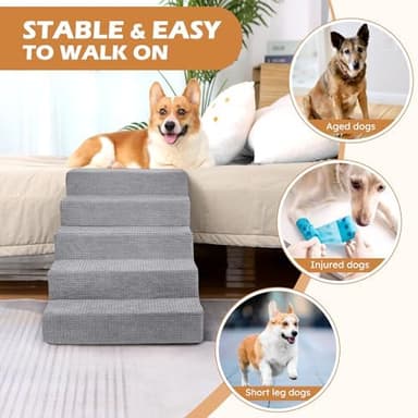 Heeyoo Dog Stairs for Small Dogs,5-Step Dog Steps for High Bed and Couch, High-Density Foam Pet Steps with Supporting Board, Non-Slip Removable Washable Cover, Grey - Image 5