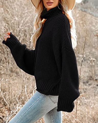 Saodimallsu Womens Turtleneck Oversized Sweaters Batwing Long Sleeve Pullover Loose Chunky Knit Jumper (Large, Black) - Image 2