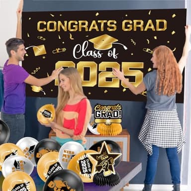 Graduation Decorations 2025 Gold Themed Set - Congrats Grad Banner, Class of 2025 Backdrop, Balloons & Streamers Kit - Complete Party Supplies for High School & College Celebrations - Image 7