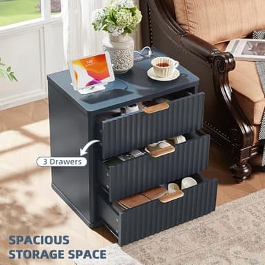 LEYAOYAO 23" Wide Fluted Night Stand with Charging Station, 3 Drawers Large End Table with Storage, Navy Blue Nightstand Wood Bedside Tables, Farmhouse Cabinet Dresser for Bedroom,Closet - Image 3