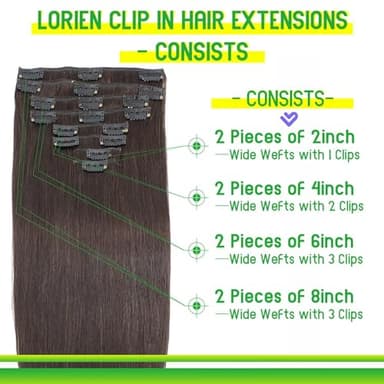 LORIEN Clip in Hair Extensions Real Human Hair, 18 Inch 100g, 2 Darkest Brown, Clip in 100% Brazilian Remy Human Hair Extensions 8pcs Per Set with 18 Clips Double Weft - Image 2