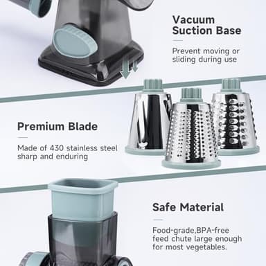 REDPANT Cheese Grater Hand Crank, Manual Cheese Shredder with 3 Interchangeable Blades, Rotary Cheese Grater with Strong Suction Base, Easy to Use and Clean, GreyBlue - Image 5