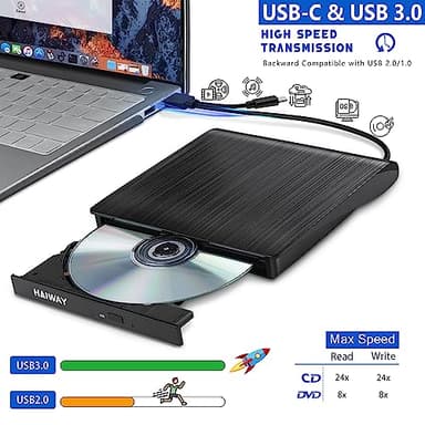 Haiway External DVD Drive, USB 3.0 Type-C CD Burner Portable CD DVD +/-RW Optical Drive Slim CD DVD ROM Rewriter CD/DVD Player Writer Reader for Laptop Desktop MacBook PC Windows Linux Mac OS (Black) - Image 2