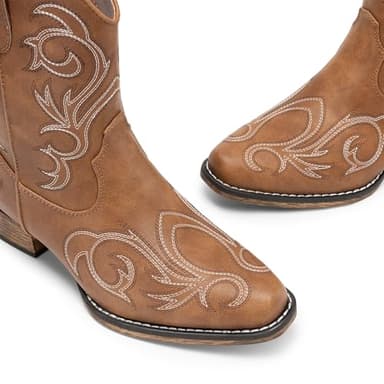 DREAM PAIRS Women's Cowboy Cowgirl Western Boots Embroidered Stitched Ankle Boots Square Toe Chunky Heel Fashion Short Booties with Zipper,Size 7,Tan,DWUMAB2511 - Image 3