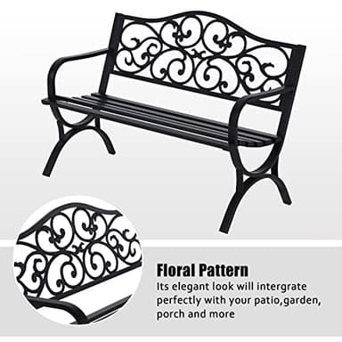 MFSTUDIO 50 Inches Outdoor Garden Bench, Cast Iron Metal Frame Patio Park Bench with Floral Pattern Backrest, Arch Legs for Porch Lawn Garden Yard(Black) - Image 3