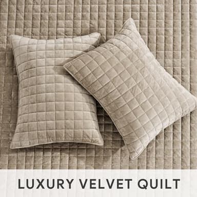 RECYCO Luxury Velvet Quilt Set King Size Bedding Sets, Ultra Soft Velvet Comforter Set, Lightweight Channel Box Stitch Oversized Bedspread Coverlet for All Season, with 2 Shams, Urban Taupe - Image 4