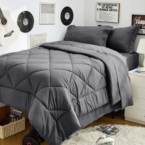 HEVUMYI Twin Comforter Set - 5-Piece All Season Bed in a Bag Twin, Ultra Soft Bedding Set with Comforter, Flat Sheet, Fitted Sheet, Pillowcases, Pillow Shams, Dark Grey - Image 1
