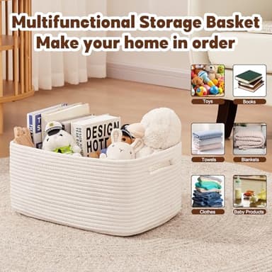 OIAHOMY Storage Basket for Shelves, Closet Cube Storage Bins Baskets for Clothes Blanket Towels, Baby Nursery, Toy Baskets Box, Woven Rope Basket, 15.75*11.81*7.09 IN, 2 Packs White - Image 4