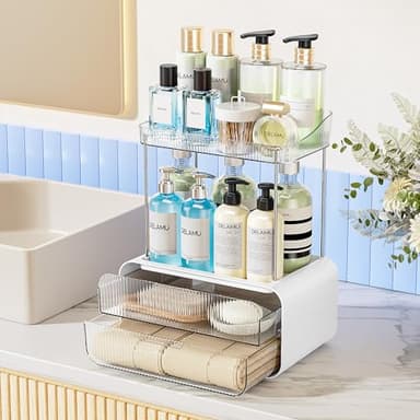 Delamu Bathroom Counter Organizer 2-Drawers 2-Tier Acrylic Makeup Organizer for Vanity Countertop, Skincare Perfume Storage, Easy Assembly, Ideal Gift for Women, Bath Linen Sets, Clear - Image 1