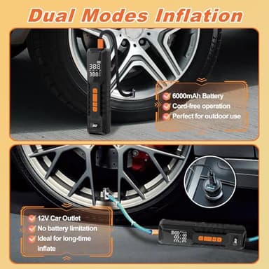 Tire Inflator Portable Air Compressor, Air Pump for Car Tires, Bike Pump, Portable Tire Inflator for Car, Motorcycle, Bicycle, Balls - 150PSI, 6000mAh Battery, LED Light Auto Shut-Off Function - Image 3