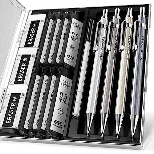 Four Candies 0.5mm Mechanical Pencil Set with Case - 4PCS Metal Mechanical Pencils, 8 Tubes HB #2 Lead Refills, 3PCS 4B Erasers and 9PCS Eraser Refills, Lead Mechanical Pencils for Writing & Drawing - Image 1
