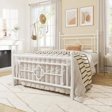 Allewie Twin Size Metal Platform Bed Frame with Victorian Vintage Headboard and Footboard/Mattress Foundation/Under Bed Storage/No Box Spring Needed/Noise-Free/Easy Assembly, White - Image 3