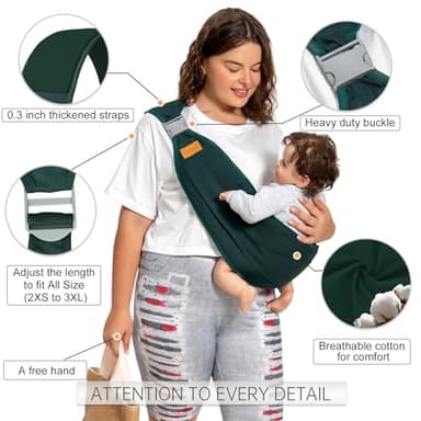 Shiaon Baby Sling Carrier, Baby Carrier Newborn to Toddler(7-45lbs), Toddler Carrier with Safety Buckle, One Shoulder Adjustable Shoulder Strap, One Size Fits All, Dark Green - Image 2