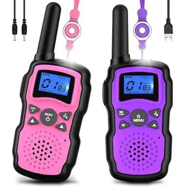 Wishouse Walkie Talkies for Kids Rechargeable with USB Charger 6000mAh Battery,Outdoor Camping Games with Flashlight Lanyard,Toys for Girls,Halloween Xmas Birthday Gift for Children 2 Pack Pink Purple - Image 1