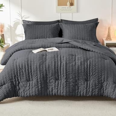 HYMOKEGE 7 Piece King Size Comforter Set Seersucker, All Season Luxury Bed in a Bag for Bedroom, Bedding Set with Comforters, Sheets, Pillowcases & Shams, Dark Grey - Image 9