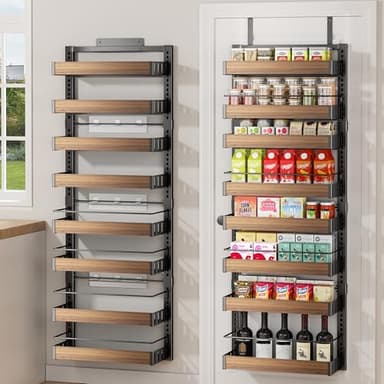 POKIPO 8 Tier Over The Door Pantry Organizer, 2 IN 1 Wall Mount or Hanging Spice Rack Seasoning Shelves with Adjustable Basket, Back of Door Organizer and Storage for Kitchen Cabinet and Room Closet - Image 1
