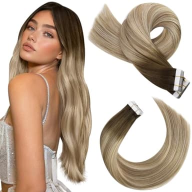 Moresoo Tape in Hair Extensions Human Hair Balayage Hair Extensions Real Hair Tape in Balayage Brown to Light Brown with Blonde Tape in Human Hair Extensions Remy Tape ins 18 Inch #3/8/22 20pcs 50g - Image 1