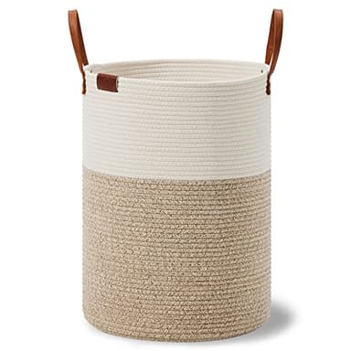 VIPOSCO Tall Laundry Basket, Large Dirty Clothes Hamper with Leather Handle, Woven Rope Storage Basket for Blanket, Toy In Living Room, Bathroom, Bedroom - 58L White & Brown - Image 8