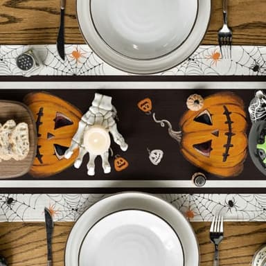 Artoid Mode Jack-O'-Lantern Pumpkins Spider Web Halloween Table Runner, Kitchen Dining Table Decoration for Home Party Decor 13x72 Inch - Image 3