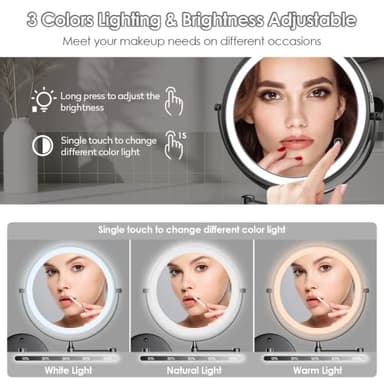 Rocollos Rechargeable Wall Mounted Lighted Makeup Mirror, 8 Inch Double-Sided LED Vanity Mirror 1X/10X Magnification,3 Color Lights Touch Screen Dimmable 360°Swivel 13 Inch Extendable - Image 3