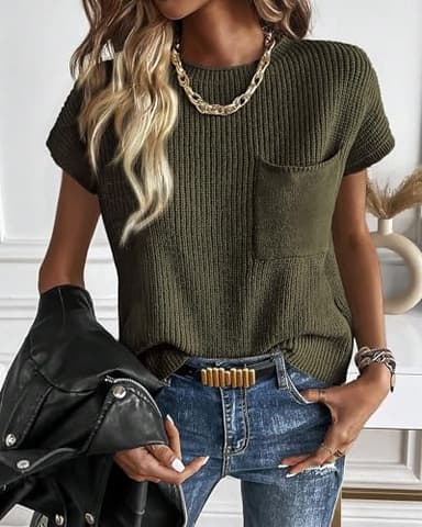 KIRUNDO Summer Fall Short Sleeve Sweater for Women 2025 Casual Sweater Vest Cotton Knit Pullover Tank Tops Fashion Clothing(Army Green, Medium) - Image 5