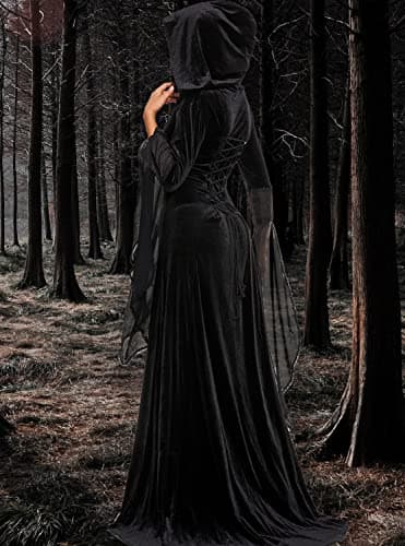 BITSEACOCO Deluxe Witch Dress Costume for Women, Vintage Embroidered Renaissance Victorian Gothic Hooded Vampire Gown Dress Cosplay (Black,S) - Image 6