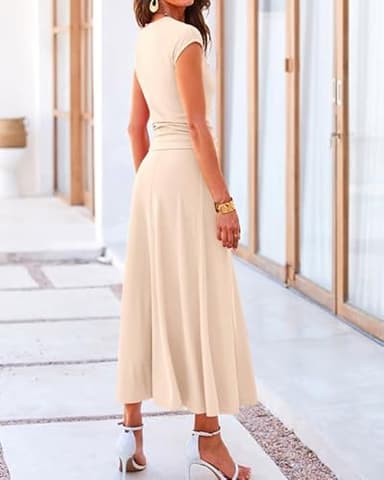 BTFBM Women Two Piece Skirt Set Summer 2025 Casual Vacation Crew Neck Short Sleeve Cropped Top Elastic Waist Midi Skirts(Beige, Large) - Image 3