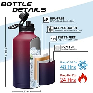 64OZ Vacuum Insulated Water Bottle - Keep Hot Cold Vacuum Flasks with Straw & Spout Lids, Paracord Handle, Water Bottler Carrier Holder & Protective Cup Mat, 1.8L Stainless Steel Water Jug - Image 5
