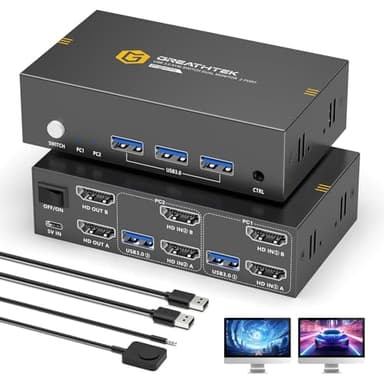 8K HDMI KVM Switch 2 Monitors 2 Computers,8K@60HZ USB3.0 Dual Monitors KVM Switches for 2 PC/Laptops Share Mouse Keyboard and 2 Screens,with 2 USB Cables/Controller,EDID Adapative,Plug&Play - Image 1