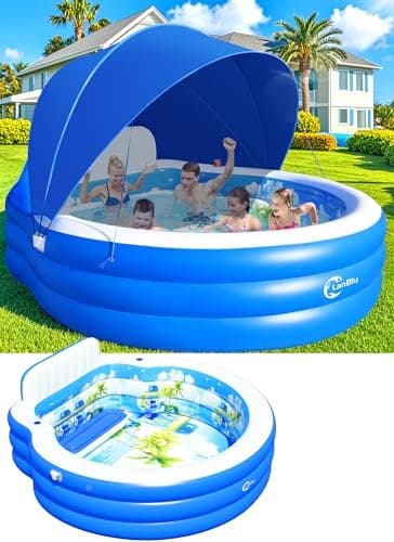 2025 Upgraded Inflatable Pool with Canopy, Inflatable Family Lounge Pool, Round Blow Up Pool for Adult with Bench & Backrest, Swim Center Easy Backyard Pools for Kids & Adults, 90"x90"x80", Blue - Image 1