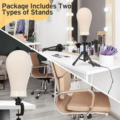 Klvied Wig Mannequin Stand for Desktop, Dual-use 22 Inch Canvas Wig Head Display, Adjustable Clamp Wig Holder, Manikin Head Stand Set for Cosmetology Hairdressing Training with Carrying Case - Image 4