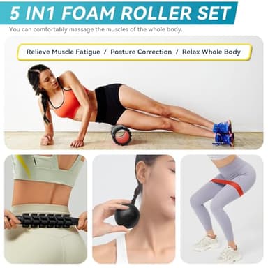 Krightlink 5 in1 Foam Roller Set for Deep Tissue Muscle Massage, High Density Fitness Exercise Foam Roller, Massage Roller, Massage Ball, Resistance Band, for Whole Body (Black) - Image 6