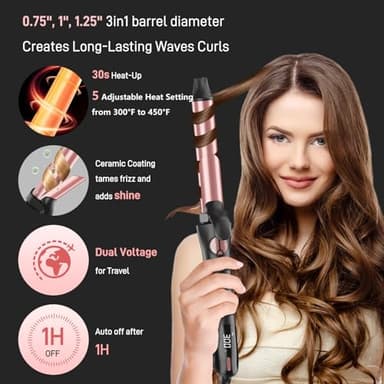 Rotating Curling Iron - 3 in1 Automatic Curling Iron with Interchangeable CurlingWand, 3/4, 1 1/4, 1 Inch CurlingIron for Lasting Beach Waves, Adjustable Temp, Instant Heat, Dual Voltage (Black) - Image 5