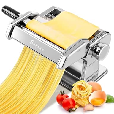Sailnovo Pasta Maker Machine, 180 Roller Pasta Maker, 9 Adjustable Thickness Settings 2-in-1 Noodles Maker with Rollers and Cutter, Perfect for Spaghetti, Fettuccini, Lasagna or Dumpling Skin Silver - Image 1