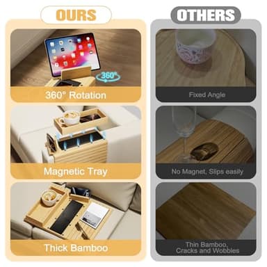 Sofa Arm Tray, 3-in-1 Magnetic Detachable Couch Arm Tray with 360° Swivel Phone/Tablet Holder, Bamboo Couch Cup Holder, Foldable Couch Armrest Table for Drinks, Snacks, Cups, Phones - Image 3
