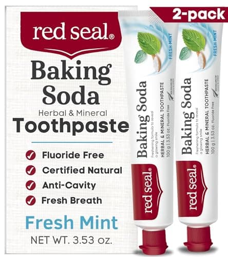 Red Seal Baking Soda Toothpaste - Fluoride-Free Herbal & Mineral Formula, Vegan-Friendly, Cruelty-Free, SLS and Paraben-Free, No Artificial Flavors, NATRUE Certified Natural, Dry Mouth Relief (2 Pack) - Image 1