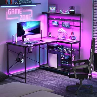 Bestier 42 L Shaped Gaming Desk, Computer Desk with Power Outlets & LED Light, Reversible Corner Desk with Shelves, Home Office Desk with Storage, Black Marble - Image 7