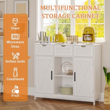 Viaozutis Storage Cabinet, Coffee Bar Cabinet with 2 Adjustable Shelves, 3 Drawers, and 2 Doors, for Bathroom, Kitchen, Living Room (White) - Image 3